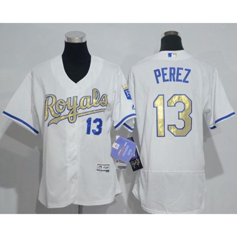 6863c4b46c934_1 Royals #13 Salvador Perez White Flexbase Authentic 2015 World Series Champions Gold Program Cool Base Women's Stitched MLB Jersey