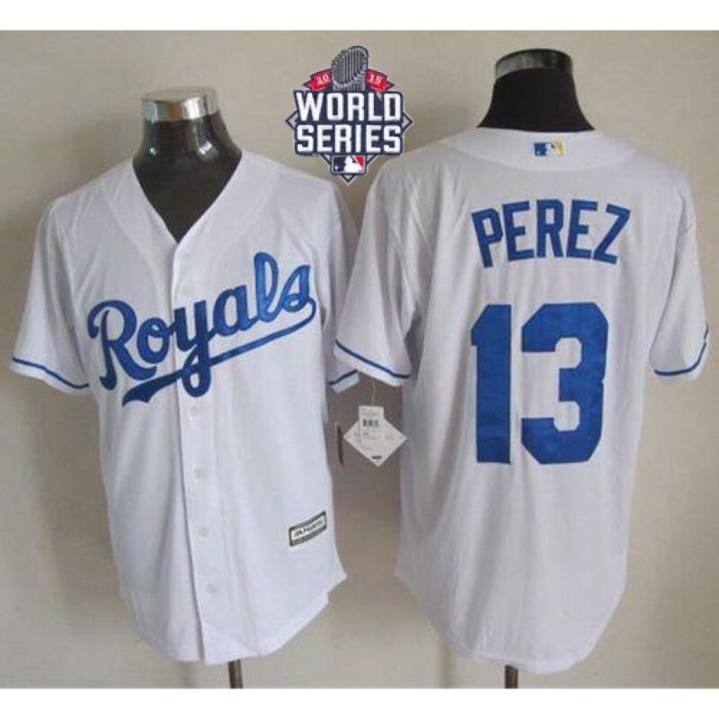 6863c4cb006d5_1 Royals #13 Salvador Perez White New Cool Base W/2015 World Series Patch Stitched MLB Jersey