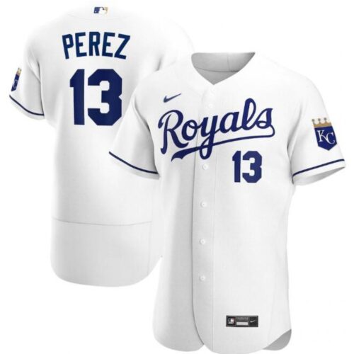 6863c563155ee_1 Men's Kansas City Royals #13 Salvador Perez White Flex Base Stitched Jersey