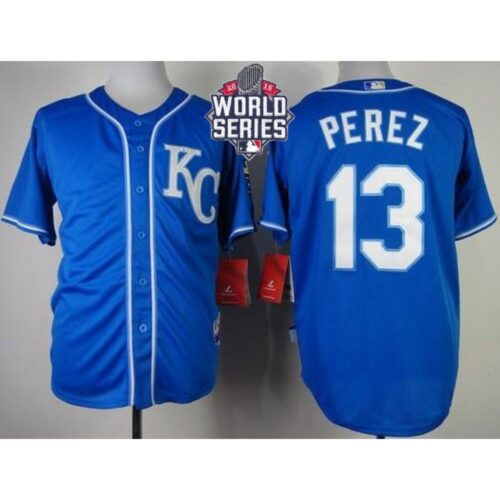 6863c56e68c67_1 Royals #13 Salvador Perez Blue Alternate 2 Cool Base W/2015 World Series Patch Stitched MLB Jersey