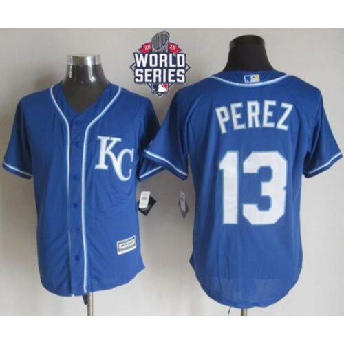 6863c5758ef01_1 Royals #13 Salvador Perez Blue Alternate 2 New Cool Base W/2015 World Series Patch Stitched MLB Jersey