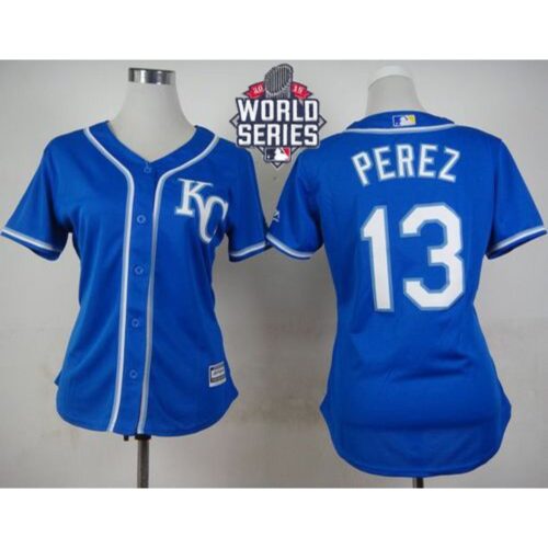 6863c578f3968_1 Royals #13 Salvador Perez Blue Alternate 2 W/2015 World Series Patch Women's Stitched MLB Jersey