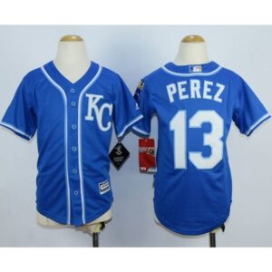 6863c57e6d91d_1 Royals #13 Salvador Perez Blue Cool Base Stitched Youth MLB Jersey