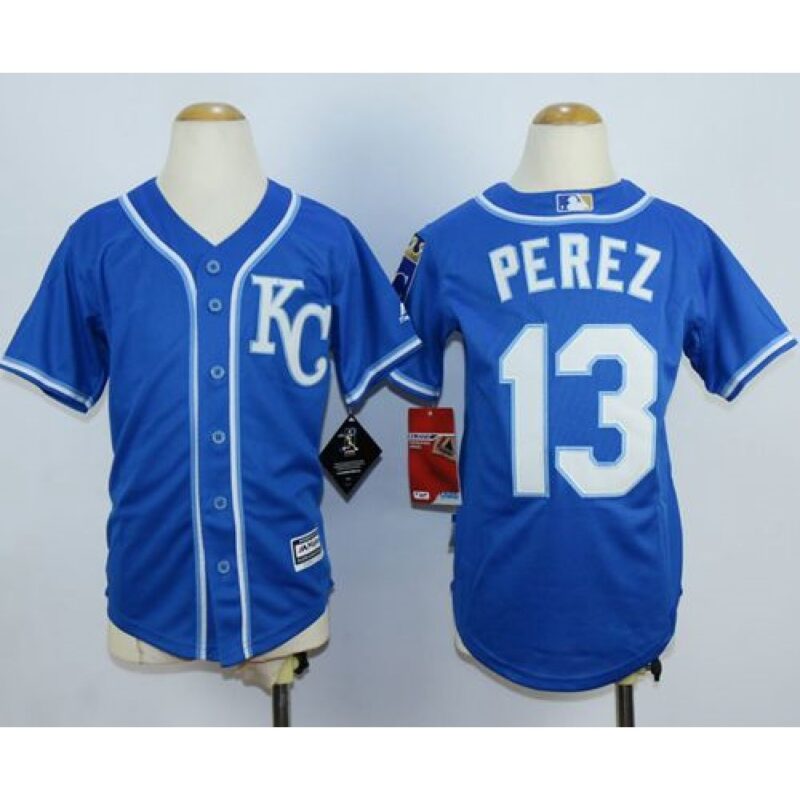 6863c57e6d91d_1 Royals #13 Salvador Perez Blue Cool Base Stitched Youth MLB Jersey