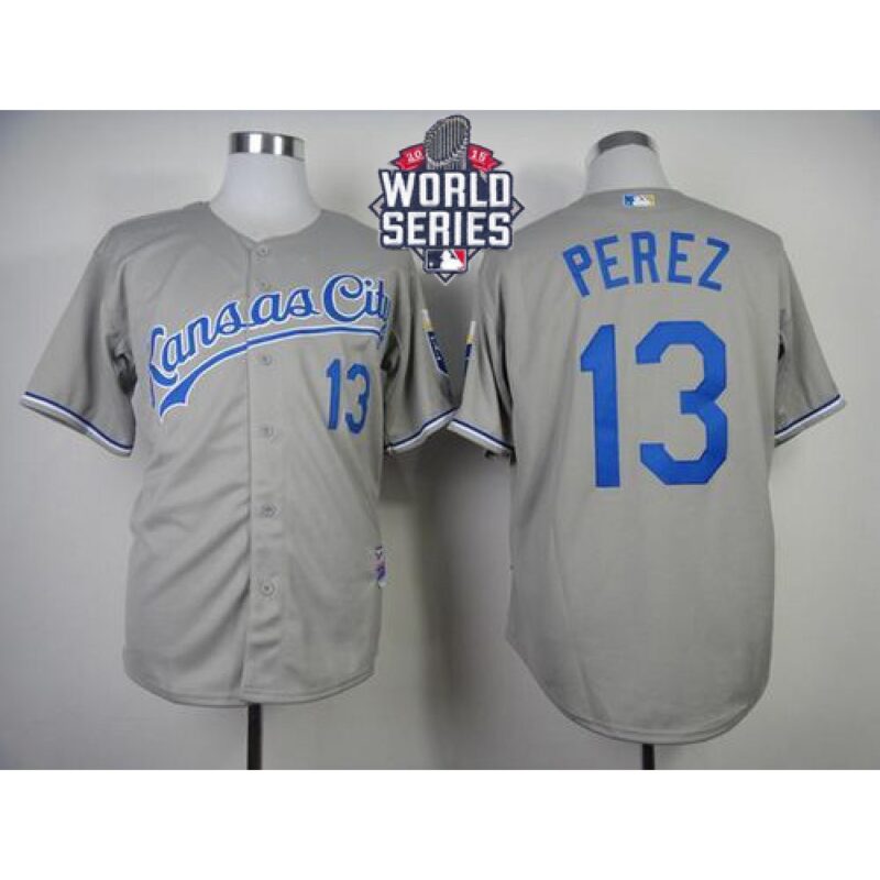 6863c5abde809_1 Royals #13 Salvador Perez Grey Cool Base W/2015 World Series Patch Stitched MLB Jersey