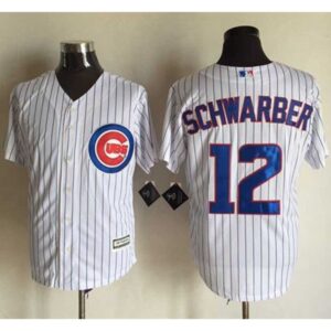 6863c6b301e57_1 Cubs #12 Kyle Schwarber New White Strip Cool Base Stitched MLB Jersey