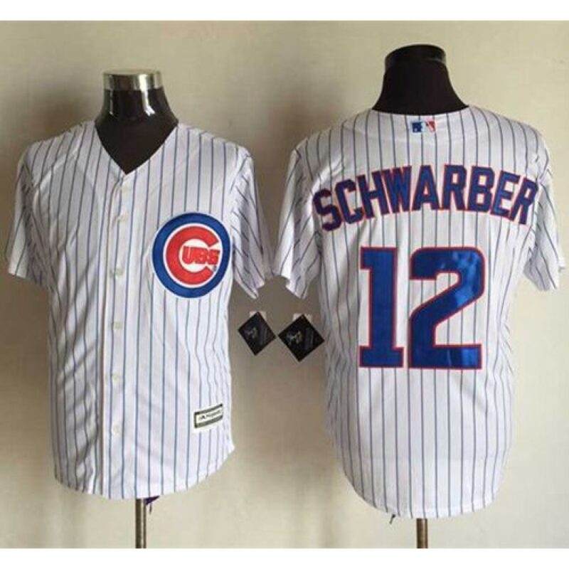 6863c6b301e57_1 Cubs #12 Kyle Schwarber New White Strip Cool Base Stitched MLB Jersey