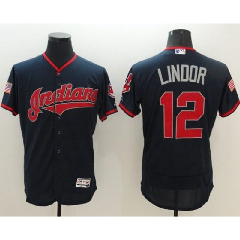 6863c73c45269_1 indians #12 Francisco Lindor Navy Blue Fashion Stars & Stripes Flexbase Authentic Stitched MLB Jersey