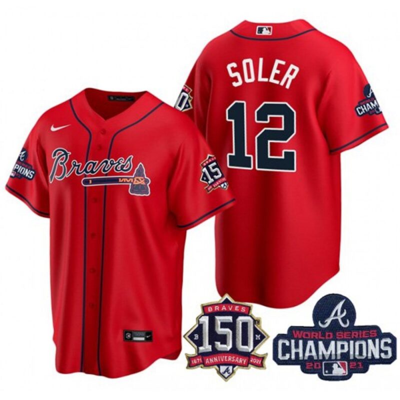 6863c7f083876_1 Men's Atlanta Braves #12 Jorge Soler 2021 Red World Series Champions With 150th Anniversary Patch Cool Base Stitched Jersey