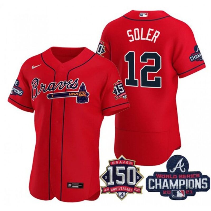 6863c7f770363_1 Men's Atlanta Braves #12 Jorge Soler 2021 Red World Series Champions With 150th Anniversary Flex Base Stitched Jersey