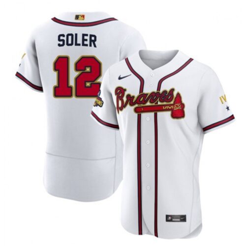 6863c80919f69_1 Men's Atlanta Braves #12 Jorge Soler 2022 White/Gold World Series Champions Program Flex Base Stitched Baseball Jersey