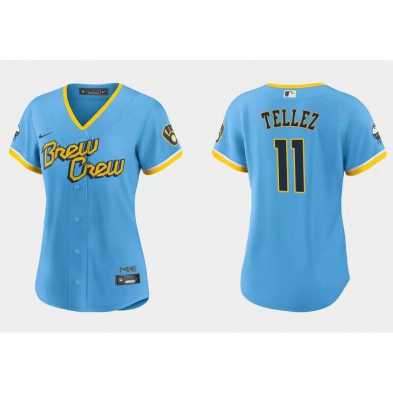 6863c889b2d7f_1 Women's Milwaukee Brewers #11 Rowdy Tellez 2022 Powder Blue City Connect Cool Base Stitched Jersey(Run Small)