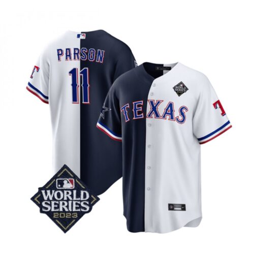 6863c8a2f0388_1 Men's Texas Rangers & Cowboys #11 Micah Parsons Navy/White Splite 2023 World Series Splite Stitched Baseball Jersey