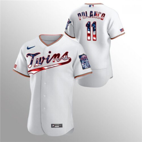 6863c920eea0d_1 Men's Minnesota Twins #11 Jorge Polanco White 2020 Stars & Stripes Flex Base Stitched Jersey