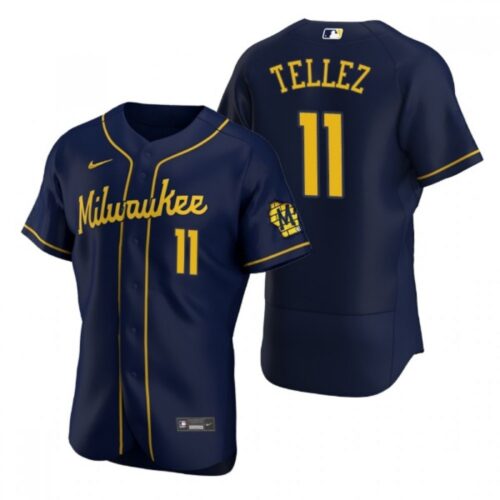 6863c96b59feb_1 Men's Milwaukee Brewers #11 Rowdy Tellez Navy Flex Base Stitched MLB Jersey