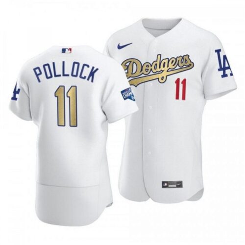 6863c9b872536_1 Men's Los Angeles Dodgers #11 A.J. Pollock White Gold Championship Flex Base Stitched Baseball Jersey