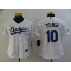 6863cb46aacc5_1 Women's Los Angeles Dodgers #10 Justin Turner White Gold Championship Cool Base Stitched Jersey(Run Small)