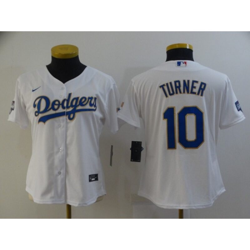 6863cb46aacc5_1 Women's Los Angeles Dodgers #10 Justin Turner White Gold Championship Cool Base Stitched Jersey(Run Small)
