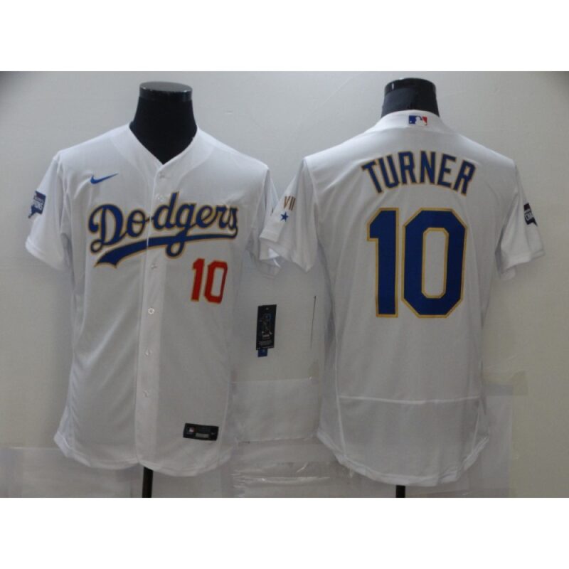 6863cbeec3a25_1 Men's Los Angeles Dodgers #10 Justin Turner White Gold Championship Flex Base Sttiched MLB Jersey