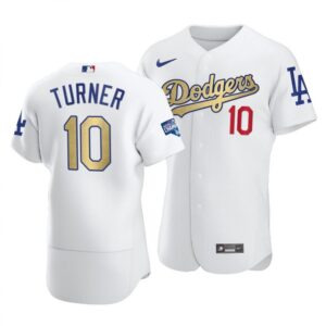6863cbfcbe6b7_1 Men's Los Angeles Dodgers #10 Justin Turner 2021 White Gold World Series Champions Patch Flex Base Sttiched Jersey