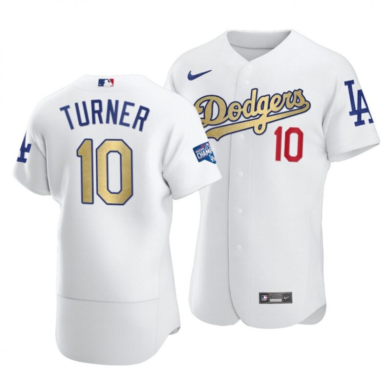 6863cbfcbe6b7_1 Men's Los Angeles Dodgers #10 Justin Turner 2021 White Gold World Series Champions Patch Flex Base Sttiched Jersey