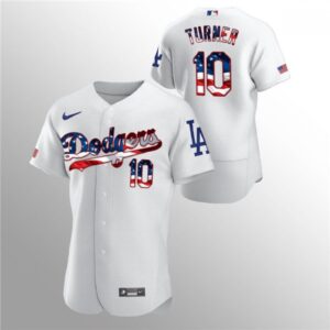 6863cc18d8993_1 Men's Los Angeles Dodgers #10 Justin Turner White 2020 Stars & Stripes Flex Base Stitched Jersey