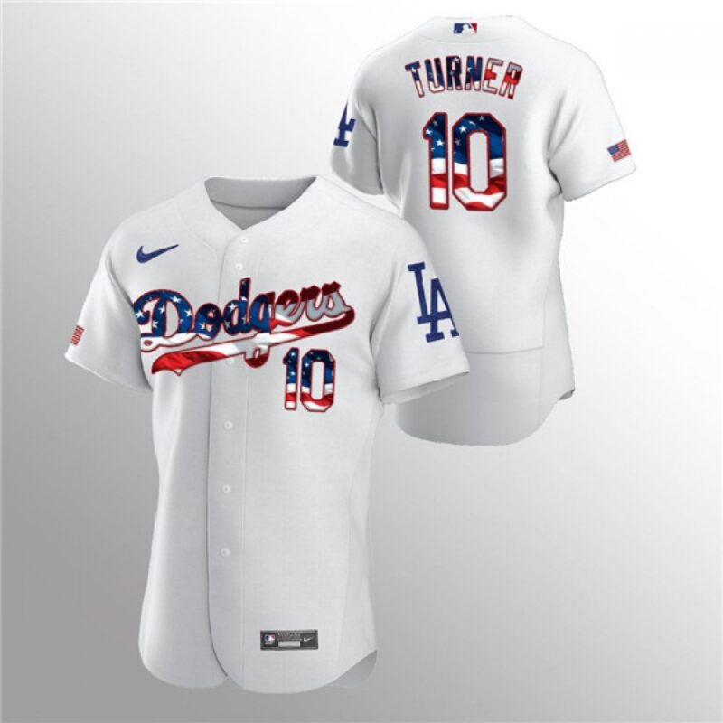6863cc18d8993_1 Men's Los Angeles Dodgers #10 Justin Turner White 2020 Stars & Stripes Flex Base Stitched Jersey