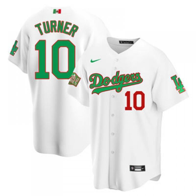 6863cc1fbc1d4_1 Men's Los Angeles Dodgers #10 Justin Turner White Green Mexico 2020 World Series Stitched Jersey