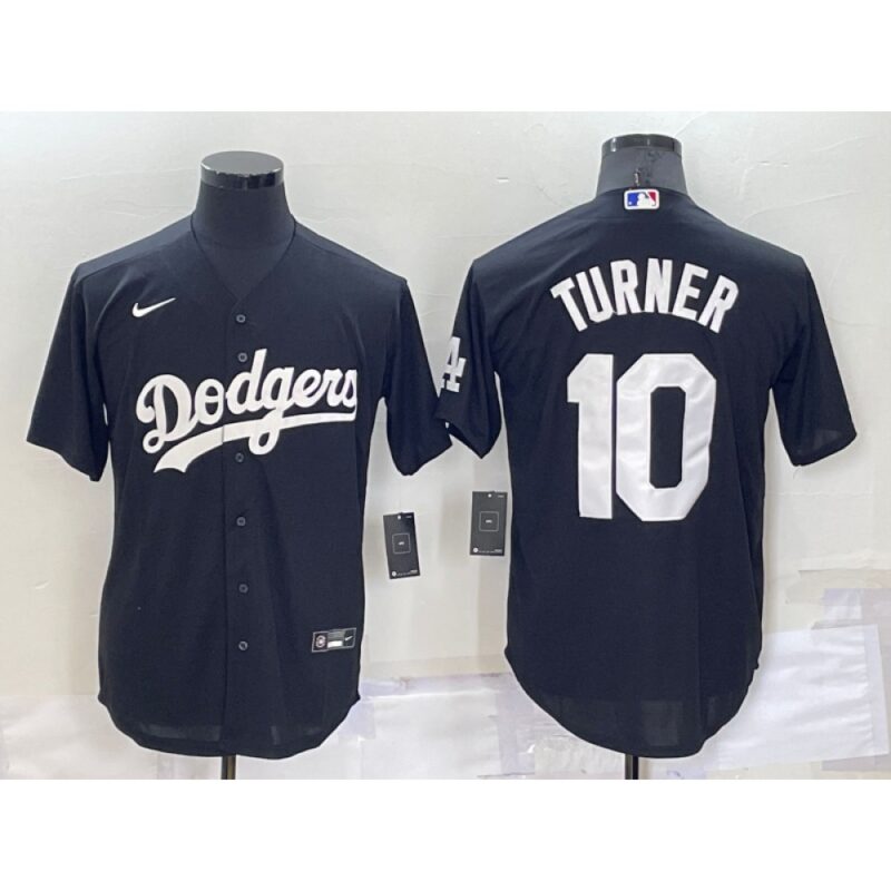6863cd48eeb37_1 Men's Los Angeles Dodgers #10 Justin Turner Black Cool Base Stitched Jersey