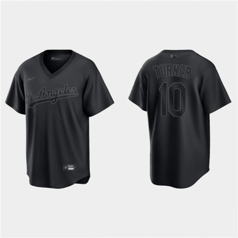 6863cd505b5b2_1 Men's Los Angeles Dodgers #10 Justin Turner Black Pitch Black Fashion Replica Stitched Jersey