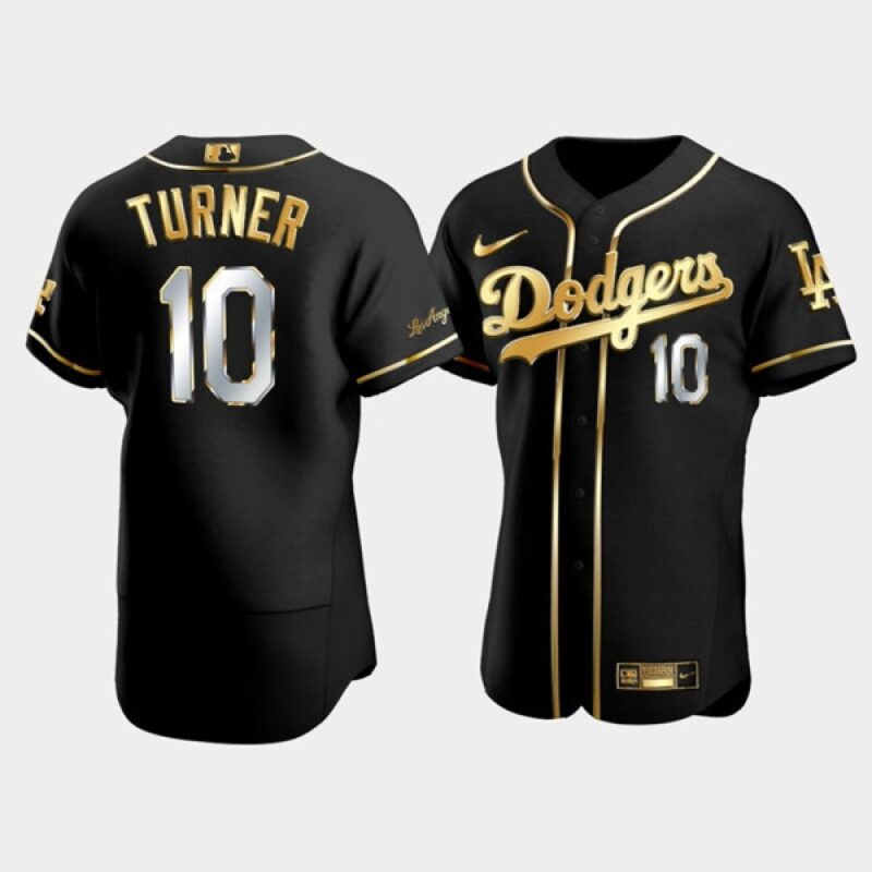 6863cd53b8146_1 Men's Los Angeles Dodgers #10 Justin Turner Black/Gold Flex Base Stitched Baseball Jersey