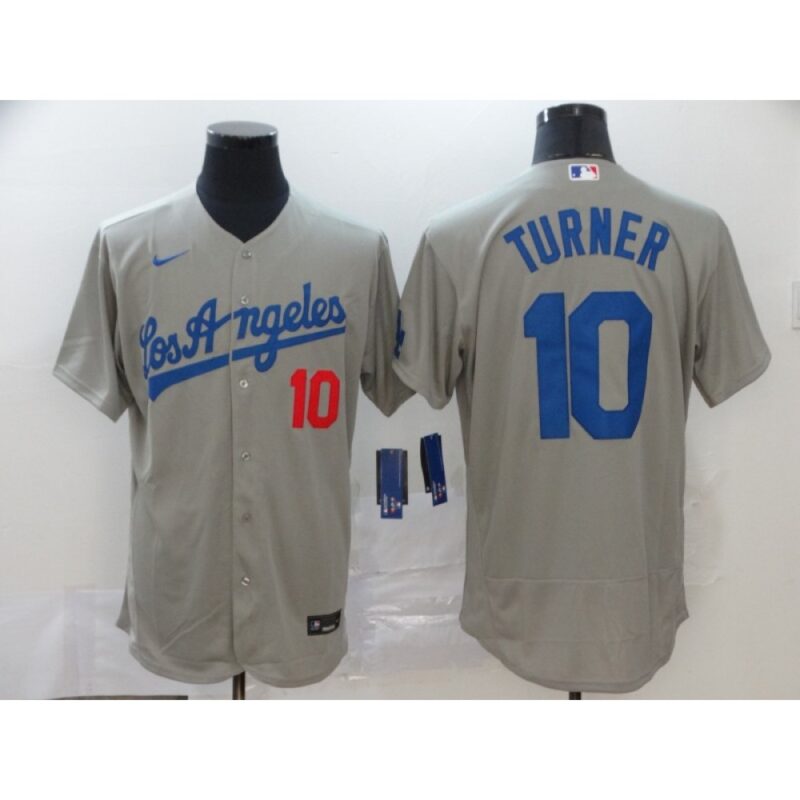 6863cd7394564_1 Men's Los Angeles Dodgers #10 Justin Turner Grey Flex Base Stitched MLB Jersey
