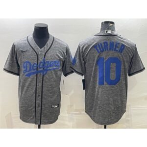 6863cd7761fcd_1 Men's Los Angeles Dodgers #10 Justin Turner Grey Cool Base Stitched Jersey