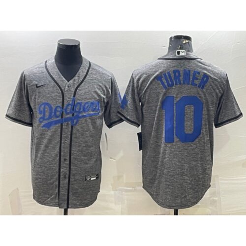 6863cd7761fcd_1 Men's Los Angeles Dodgers #10 Justin Turner Grey Cool Base Stitched Jersey