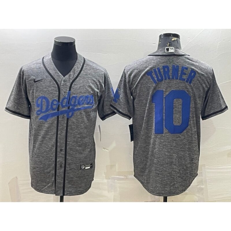 6863cd7761fcd_1 Men's Los Angeles Dodgers #10 Justin Turner Grey Cool Base Stitched Jersey