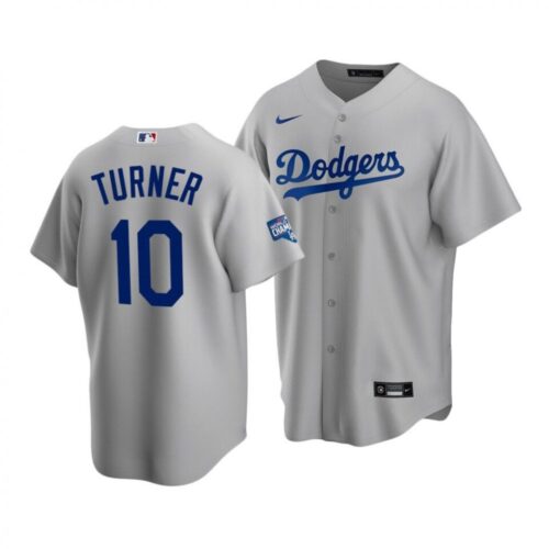 6863cd7e551b0_1 Men's Los Angeles Dodgers #10 Justin Turner Grey 2020 World Series Champions Home Patch Stitched Jersey