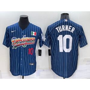 6863cda4b3be7_1 Men's Los Angeles Dodgers #10 Justin Turner Navy Mexico Rainbow Cool Base Stitched Baseball Jersey