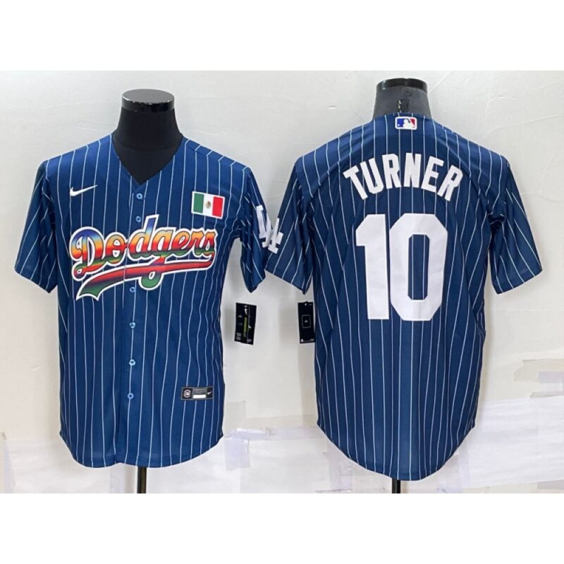 6863cda821d85_1 Men's Los Angeles Dodgers #10 Justin Turner Navy Mexico Rainbow Cool Base Stitched Baseball Jersey