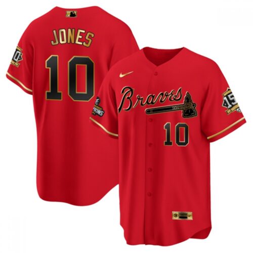 6863ce029dd64_1 Men's Atlanta Braves #10 Chipper Jones 2021 Red/Gold World Series Champions With 150th Anniversary Patch Cool Base Stitched Jersey
