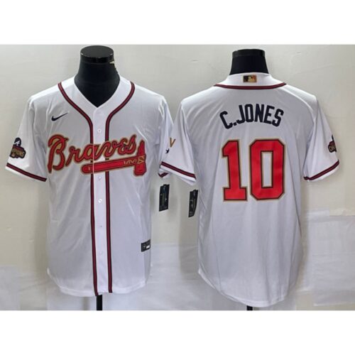 6863ce062d130_1 Men's Atlanta Braves #10 Chipper Jones 2022 White/Gold World Series Champions Program Cool Base Stitched Baseball Jersey