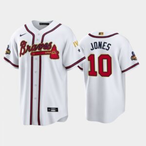 6863ce09d0c61_1 Men's Atlanta Braves #10 Chipper Jones 2022 White/Gold World Series Champions Program Cool Base Stitched Baseball Jersey