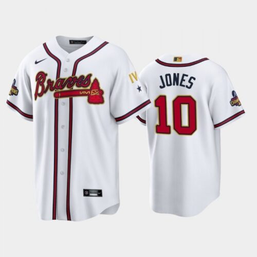6863ce09d0c61_1 Men's Atlanta Braves #10 Chipper Jones 2022 White/Gold World Series Champions Program Cool Base Stitched Baseball Jersey