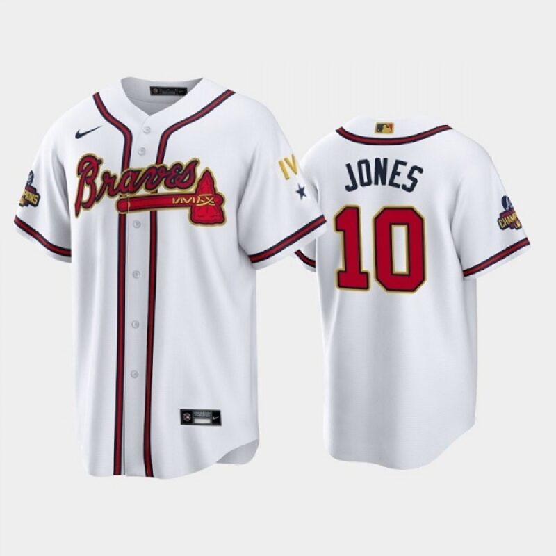 6863ce09d0c61_1 Men's Atlanta Braves #10 Chipper Jones 2022 White/Gold World Series Champions Program Cool Base Stitched Baseball Jersey