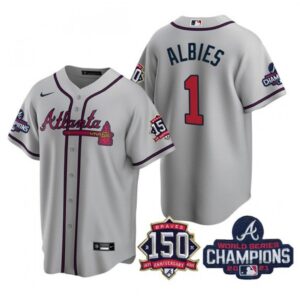6863cf70a3b4a_1 Women's Atlanta Braves #1 Ozzie Albies 2021 Grey World Series Champions With 150th Anniversary Patch Cool Base Stitched Jersey(Run Small)