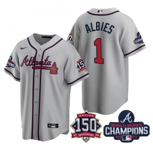 6863cf70a3b4a_1 Women's Atlanta Braves #1 Ozzie Albies 2021 Grey World Series Champions With 150th Anniversary Patch Cool Base Stitched Jersey(Run Small)
