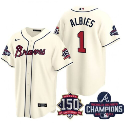 6863d0f9b6dd8_1 Men's Atlanta Braves #1 Ozzie Albies 2021 Cream World Series Champions With 150th Anniversary Patch Cool Base Stitched Jersey