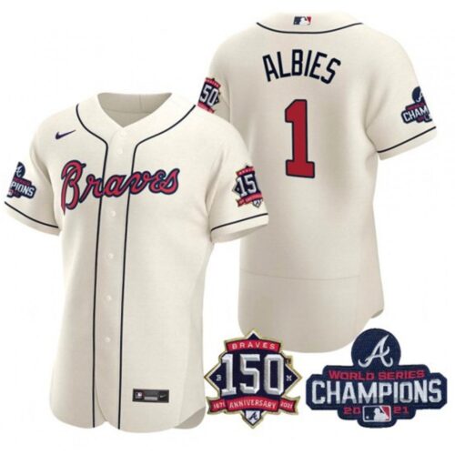 6863d100dc72f_1 Men's Atlanta Braves #1 Ozzie Albies 2021 Cream World Series Champions With 150th Anniversary Flex Base Stitched Jersey