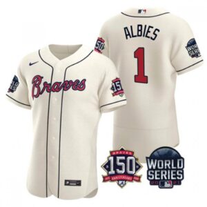 6863d1046eb5b_1 Men's Atlanta Braves #1 Ozzie Albies 2021 Cream World Series With 150th Anniversary Patch Stitched Baseball Jersey