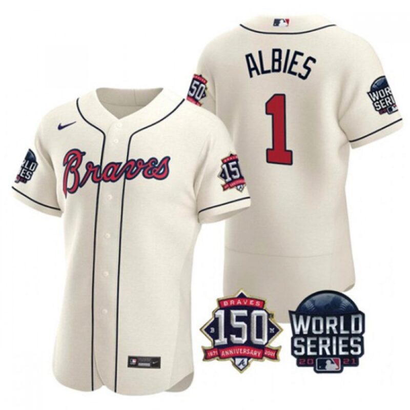 6863d1046eb5b_1 Men's Atlanta Braves #1 Ozzie Albies 2021 Cream World Series With 150th Anniversary Patch Stitched Baseball Jersey