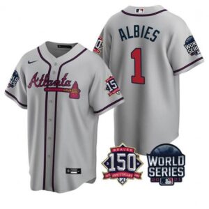 6863d1081ab0a_1 Men's Atlanta Braves #1 Ozzie Albies 2021 Gray World Series With 150th Anniversary Patch Cool Base Stitched Jersey